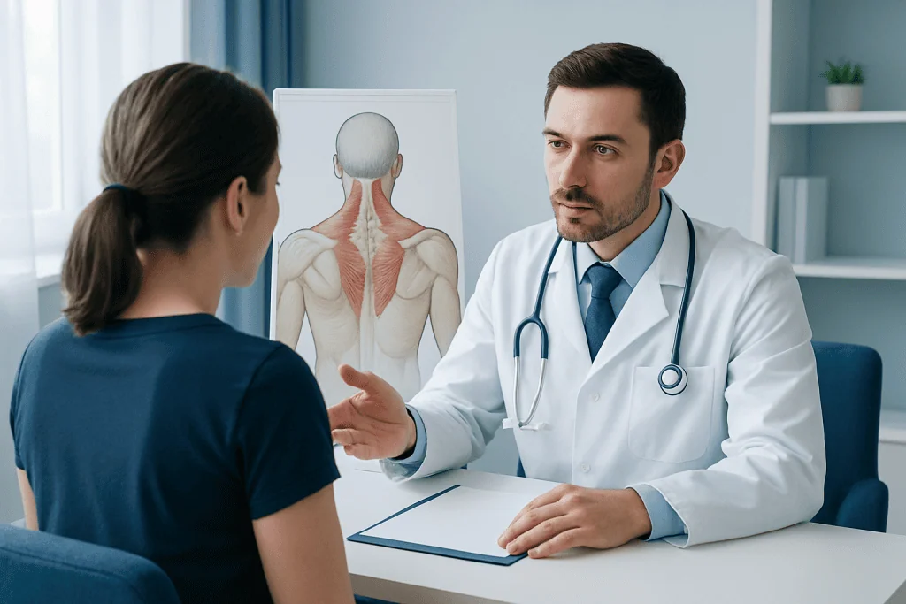 Doctor explaining trapezius muscle to patient in consultation room.