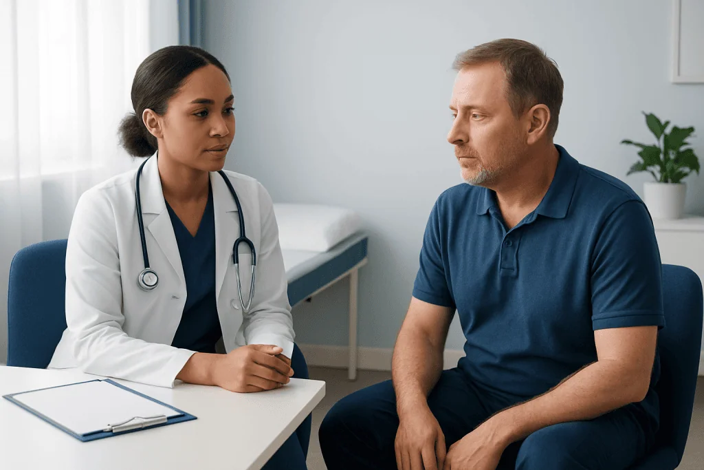 Doctor consulting with a male patient in a medical office setting.