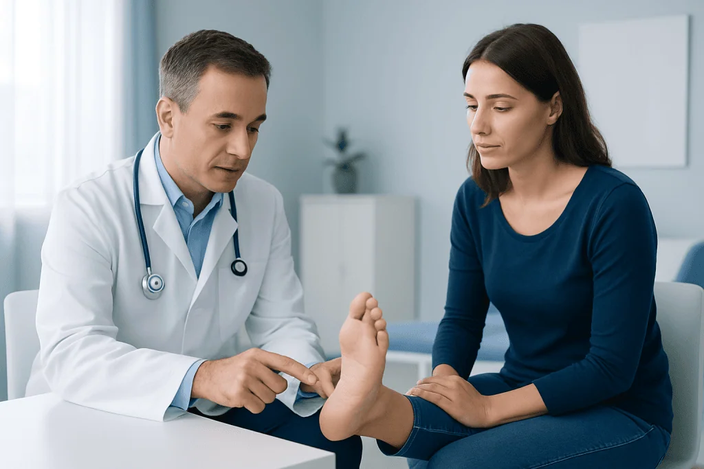 Doctor examining patient's foot in a medical consultation room.