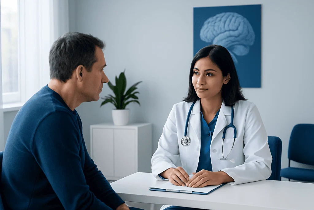 Doctor consulting with a patient in a medical office with brain anatomy artwork.