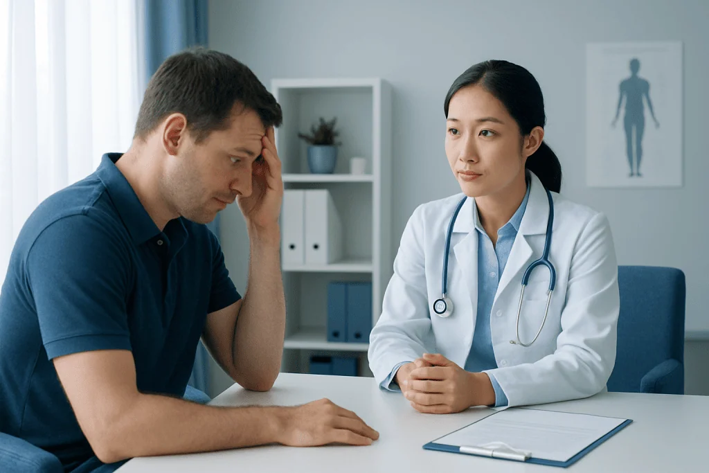 Doctor consulting with a patient about hyperhidrosis symptoms in a clinic.