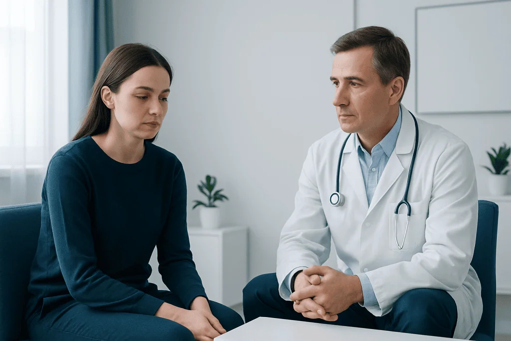 Doctor consulting with a young woman in a medical office setting.