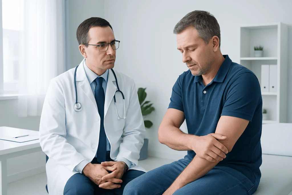 Doctor consulting with patient about shoulder pain in a medical office.