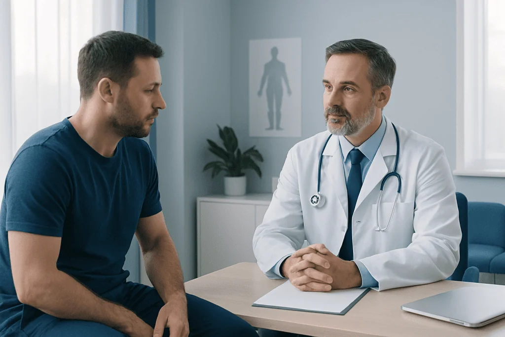 Doctor consulting with patient in a medical office setting.