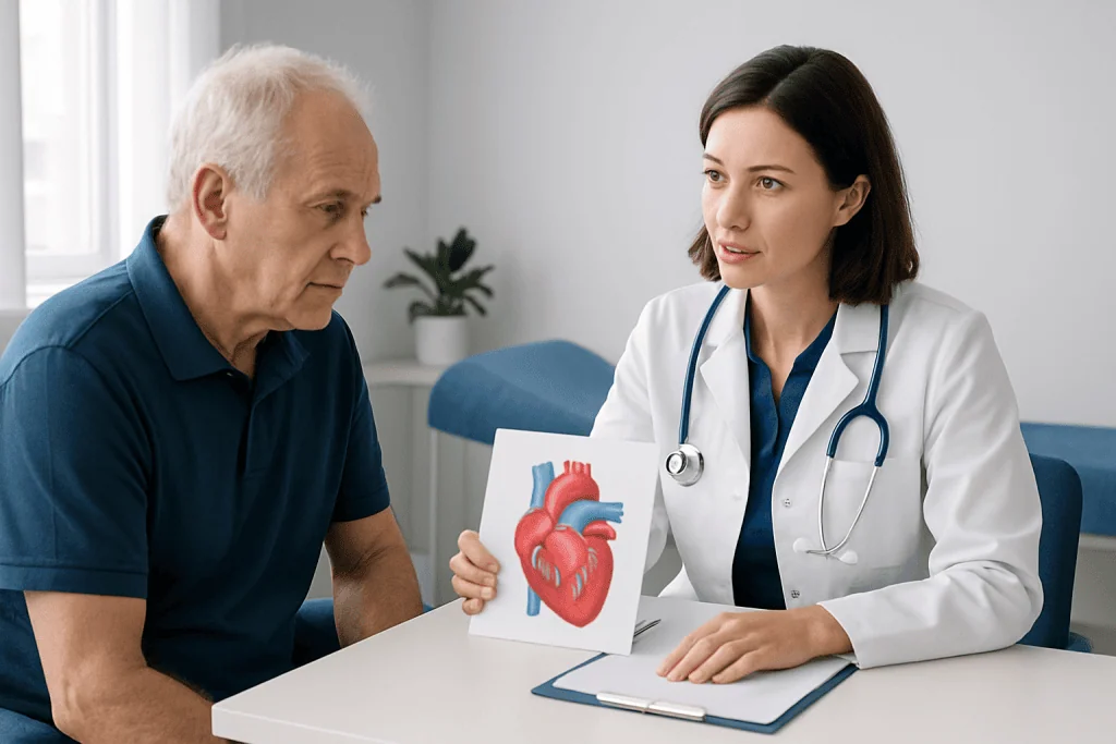 Doctor explaining heart health to an elderly patient with a heart model.