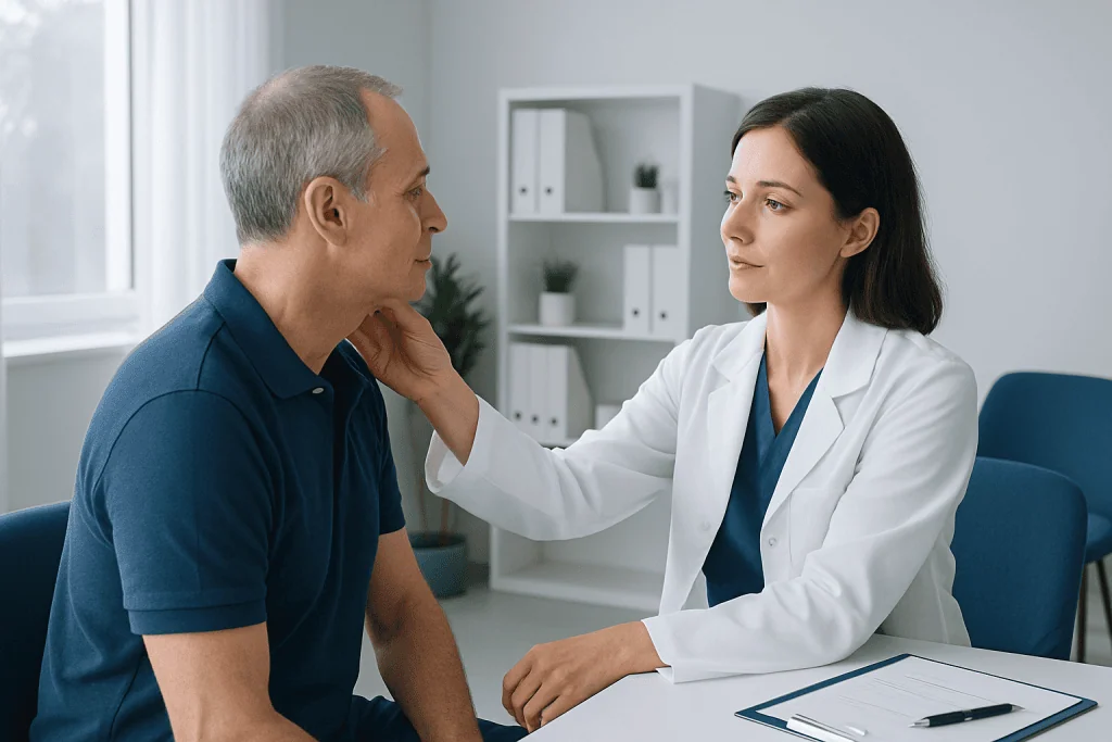 Doctor examining a male patient in a medical consultation room.
