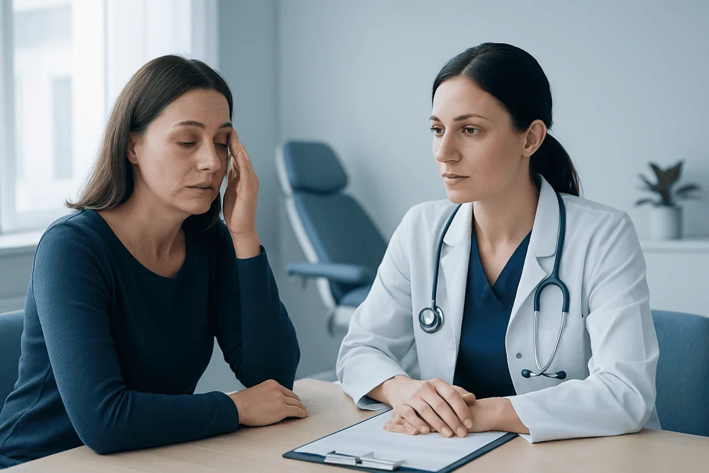 Doctor consulting with a patient about eye health in a clinical setting.