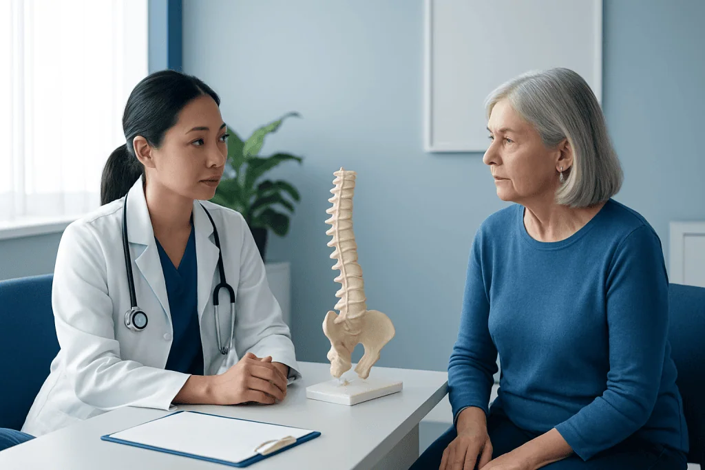Doctor explaining spinal health to an elderly woman with spine model.