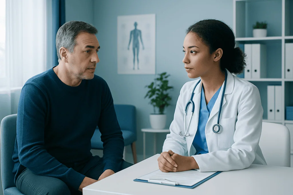 Doctor consulting with a male patient in a medical office setting.