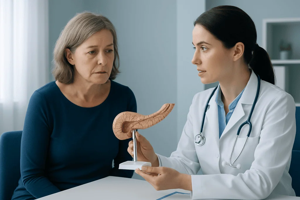 Doctor explaining pancreatic anatomy to a patient in a consultation room.