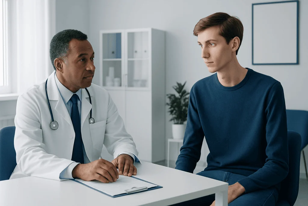 Doctor consulting with a young male patient in a medical office.