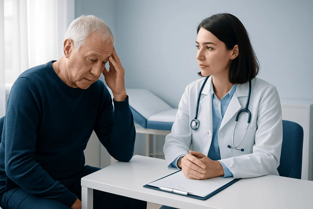 Doctor consulting with elderly patient about health concerns in clinic.