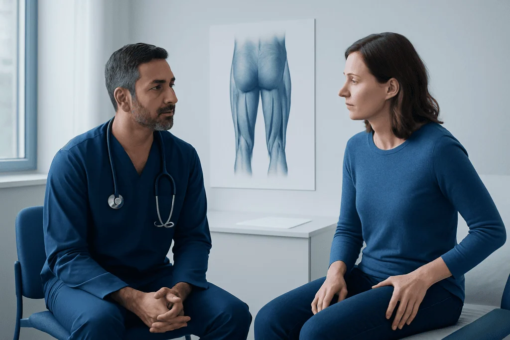 Doctor consulting with patient about hamstring injury or treatment.