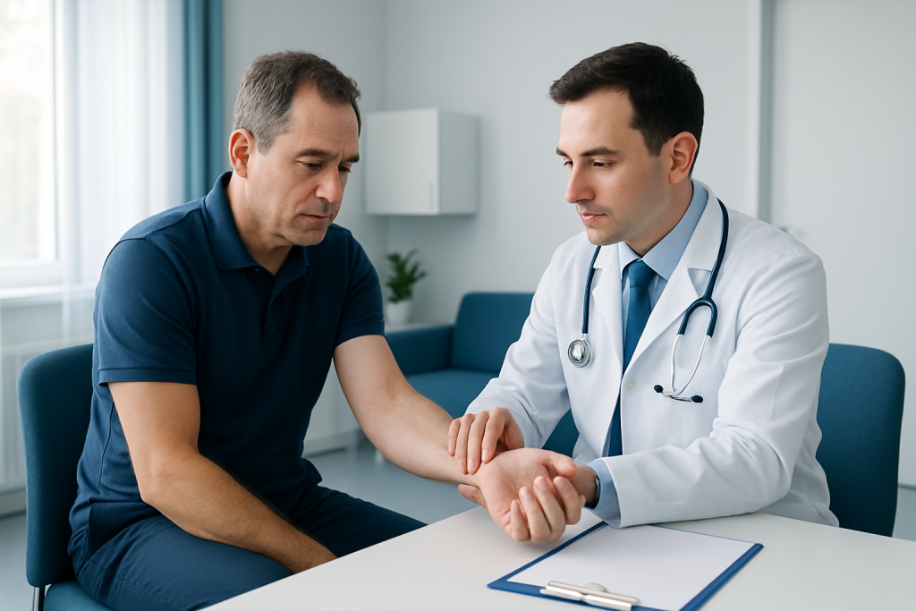 Doctor examining patient's wrist in a consultation room at Acibadem Hospital.