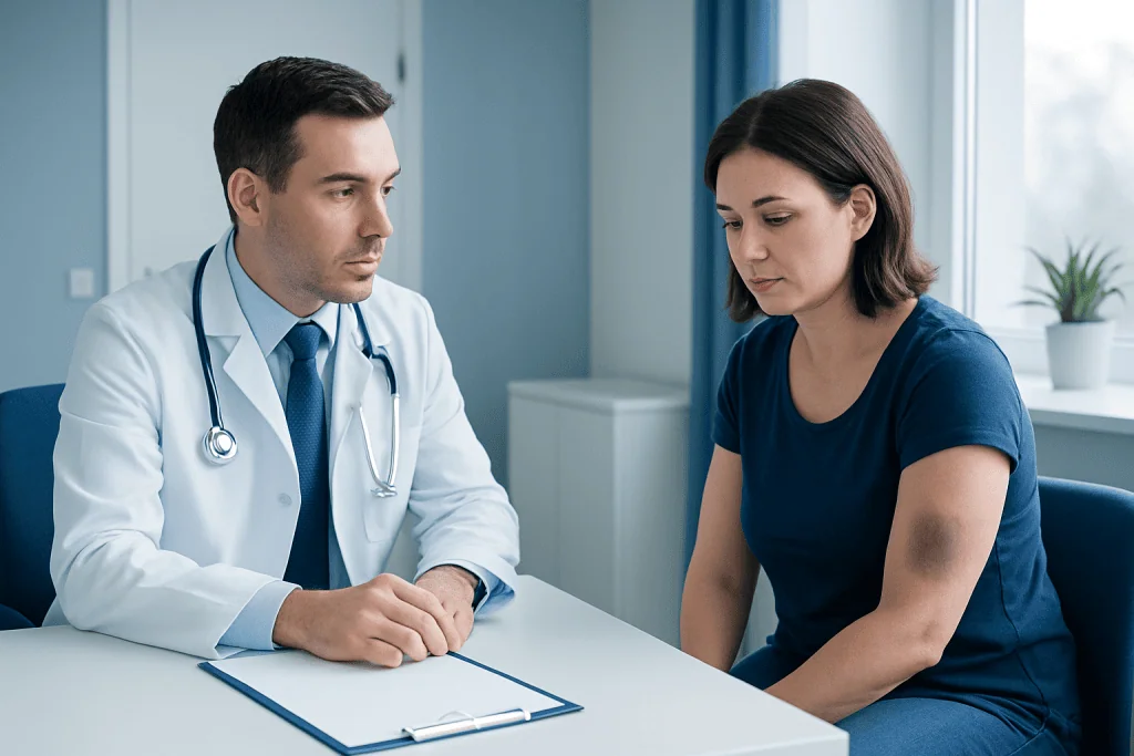 Doctor consulting with a female patient in a medical office setting.