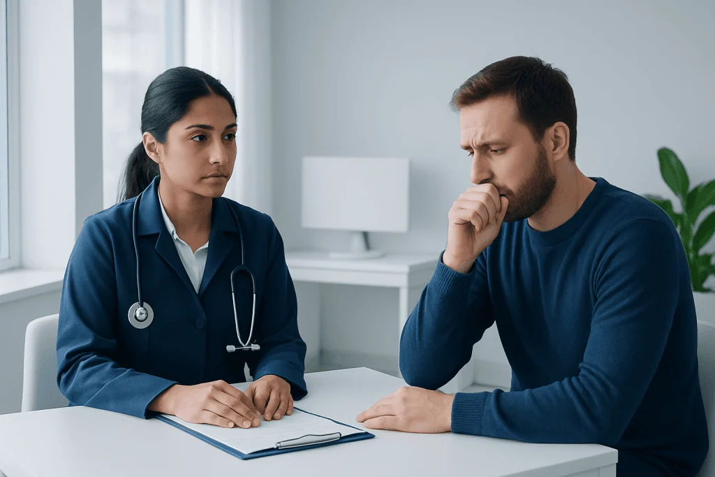 Doctor consulting with a patient about respiratory health in a clinical setting.