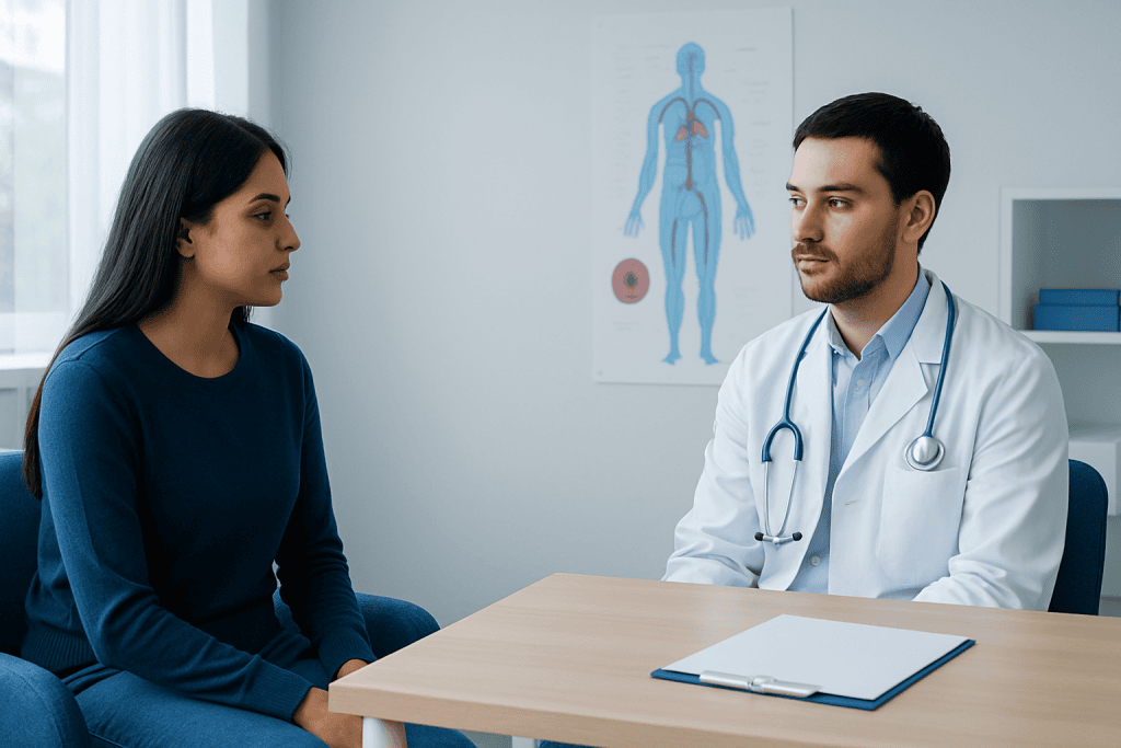 Doctor consulting a patient in a medical office with anatomical chart in background.