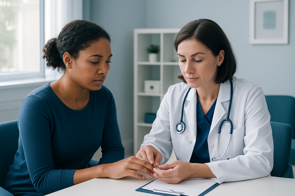 Doctor examining patient's finger for paronychia symptoms at clinic.