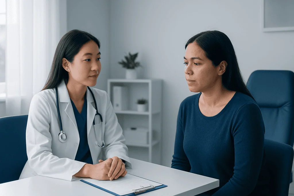Doctor consulting with patient in a clinical setting.