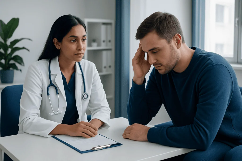 Doctor consulting with a patient about mental health concerns in a clinical setting.