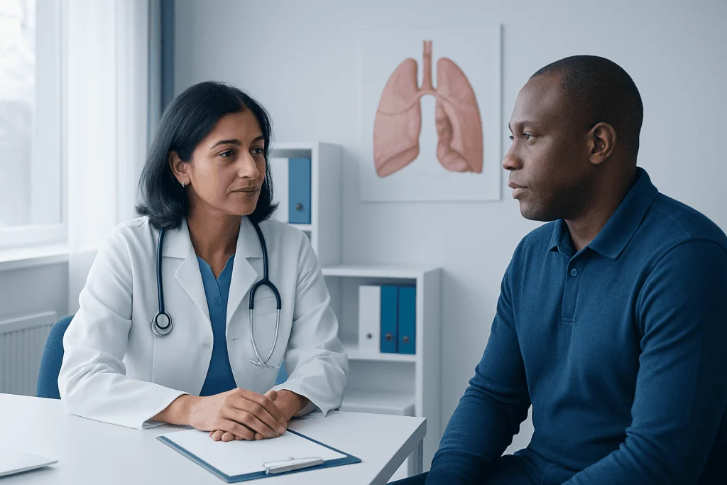 Doctor consulting with patient in a medical office with lung diagram in background.