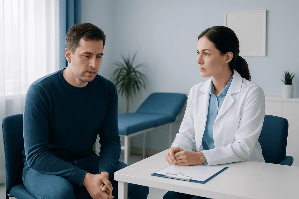 Doctor consulting with a male patient in a medical office.