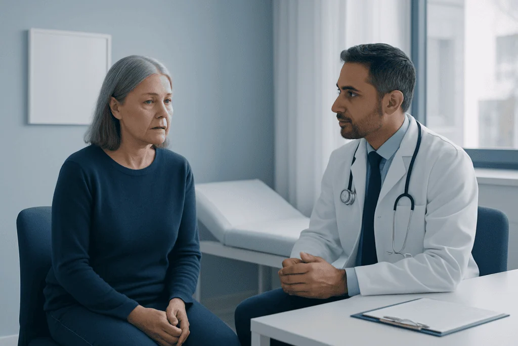 Doctor consulting with an elderly woman in a medical office.