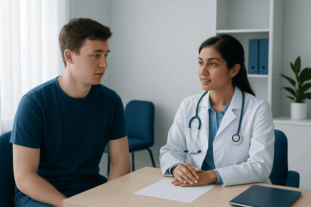 Doctor consulting with a young male patient in a medical office.