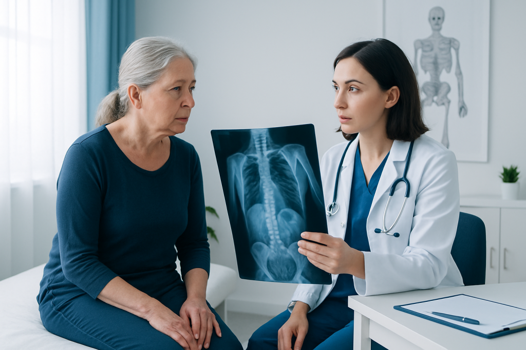 Doctor explaining chest X-ray to an elderly woman in a medical consultation.