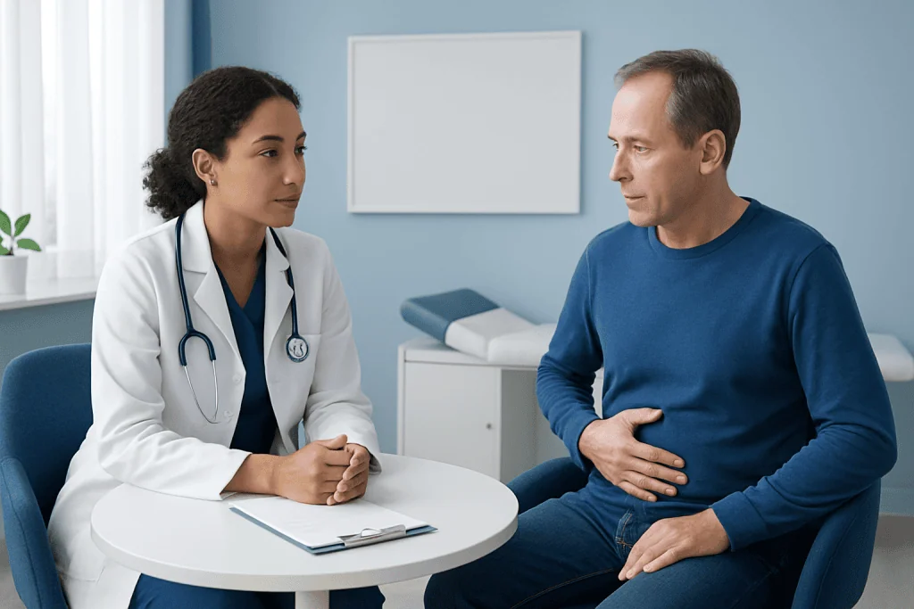 Doctor consulting male patient in a medical office setting.