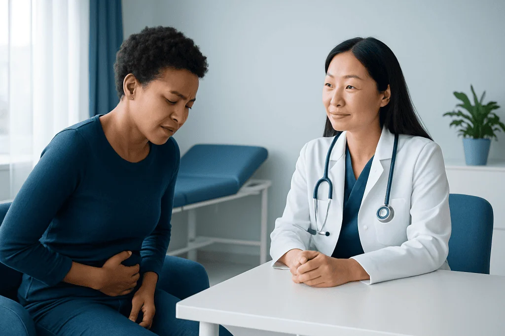 Doctor consulting a patient with stomach pain in a medical office.