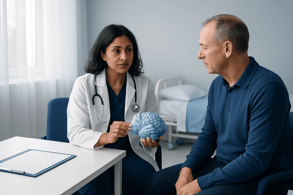 Doctor explaining brain health to patient in a medical consultation.