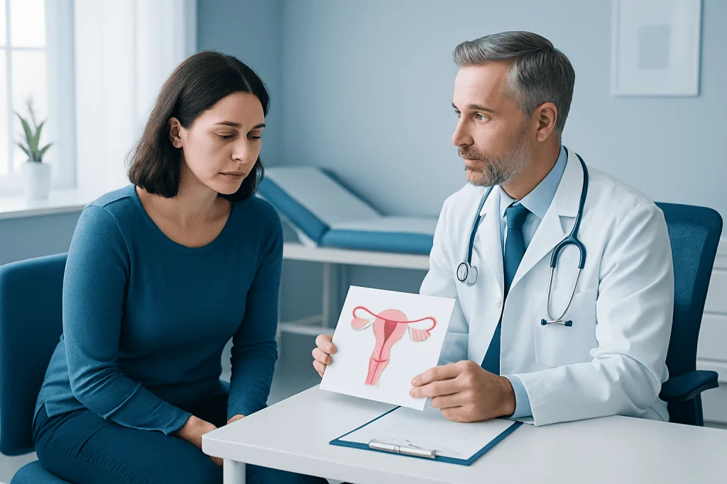 Gynecologist explaining uterine health to a patient with a diagram.
