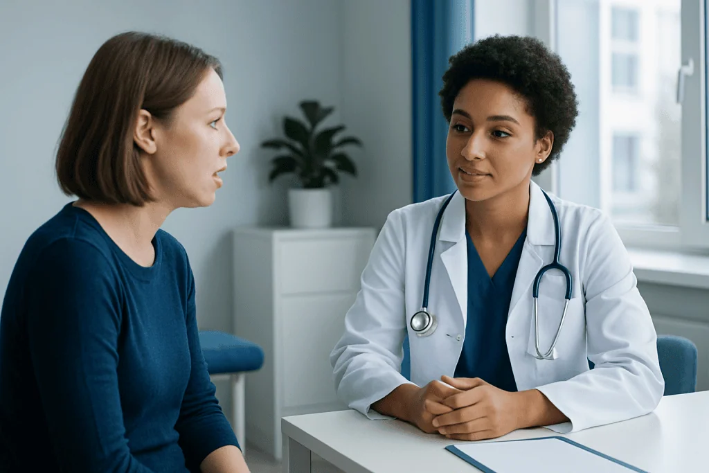 Doctor consulting with a patient in a medical office setting.