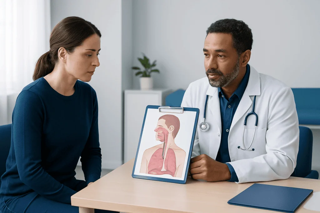 Doctor explaining respiratory anatomy to a patient in a consultation room.