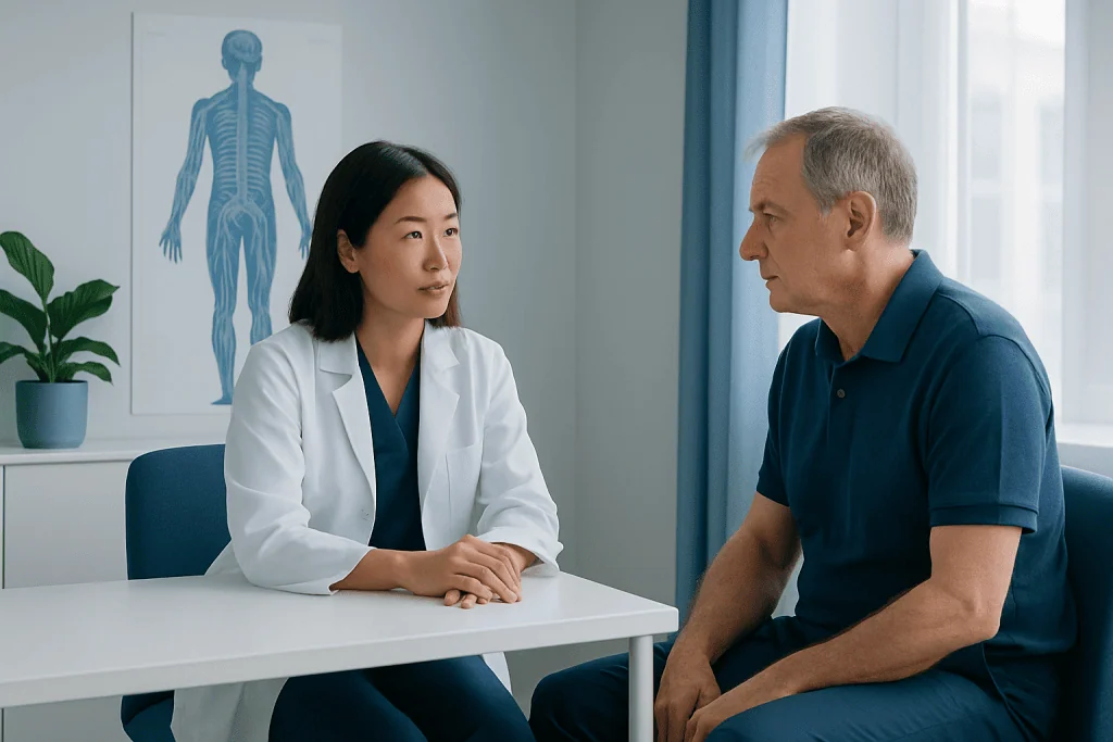 Doctor consulting with a patient in a medical office with a human anatomy chart.