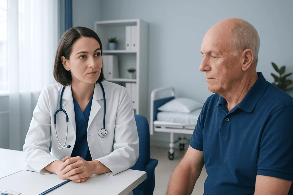 Doctor consulting with an elderly male patient in a medical office.