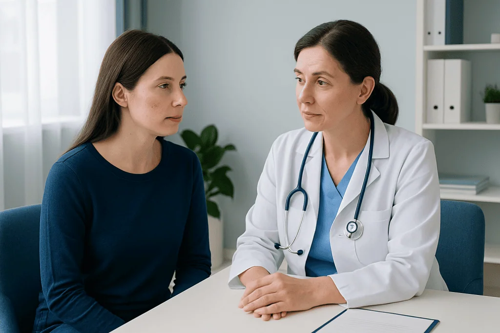 Doctor consulting with a young woman in a medical office.