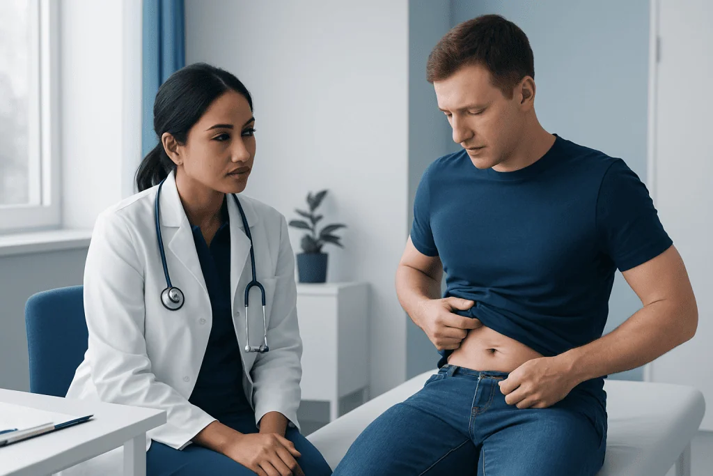 Doctor examining male patient for abdominal issues in clinic setting.
