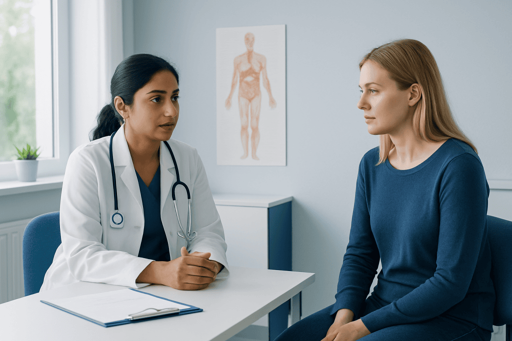 Doctor consulting with a patient in a medical office setting.