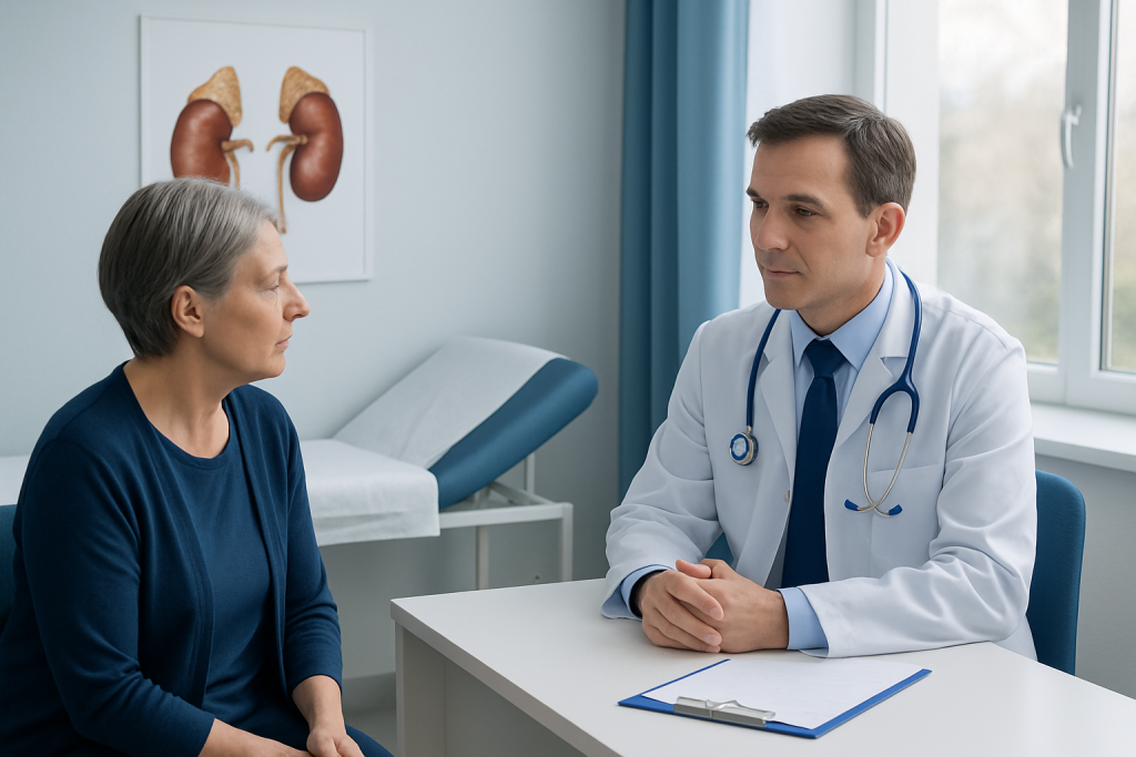 Doctor consulting with an elderly woman in a medical office.