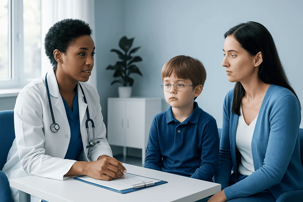 Doctor consulting with a young boy and his mother in a medical office.