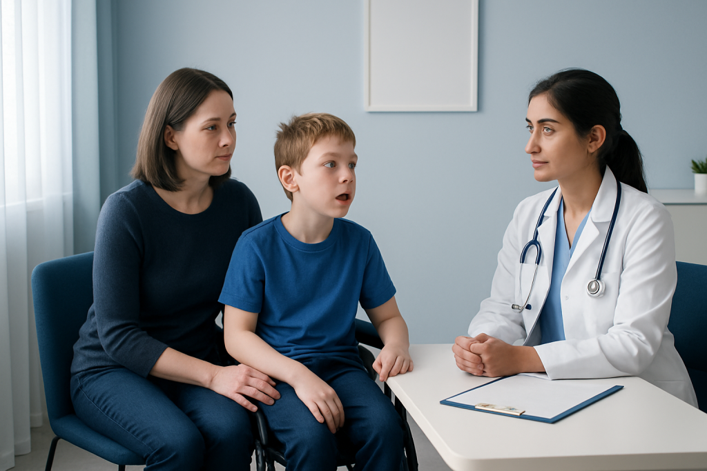 Doctor consulting with a young boy and his mother in a medical office.