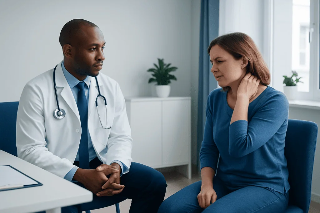 Doctor consulting with a woman patient about neck pain in a clinic setting.