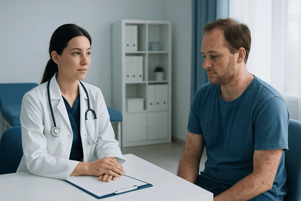 Doctor consulting patient with skin rash in a medical office.