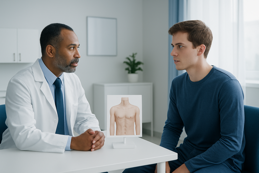 Doctor consulting with a young male patient about chest examination.