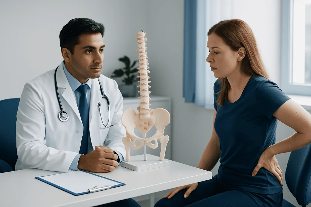 Doctor explaining spinal anatomy to a patient in a clinic setting.