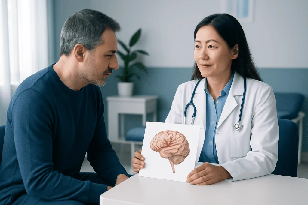 Doctor explaining brain aneurysm to patient with brain diagram.