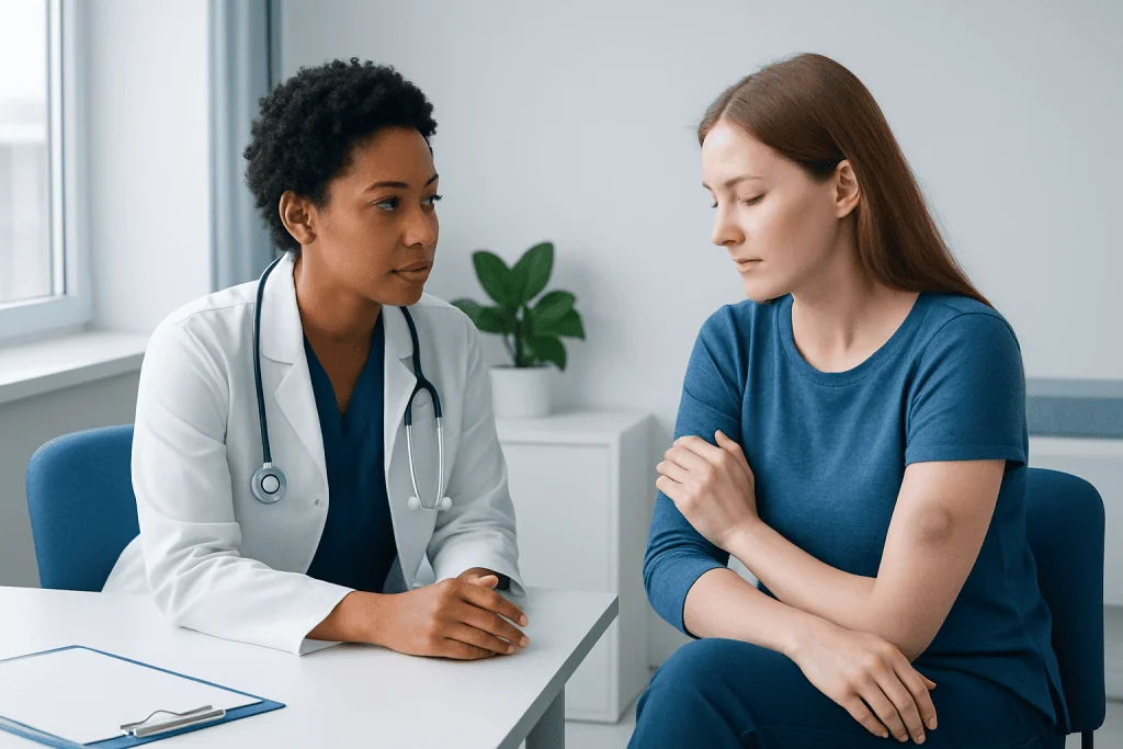 Doctor consulting a patient about bruising and skin health.