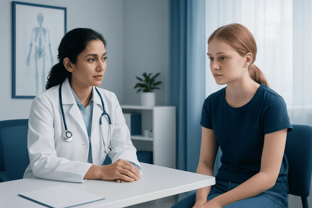 Doctor consulting with a young female patient in a medical office.